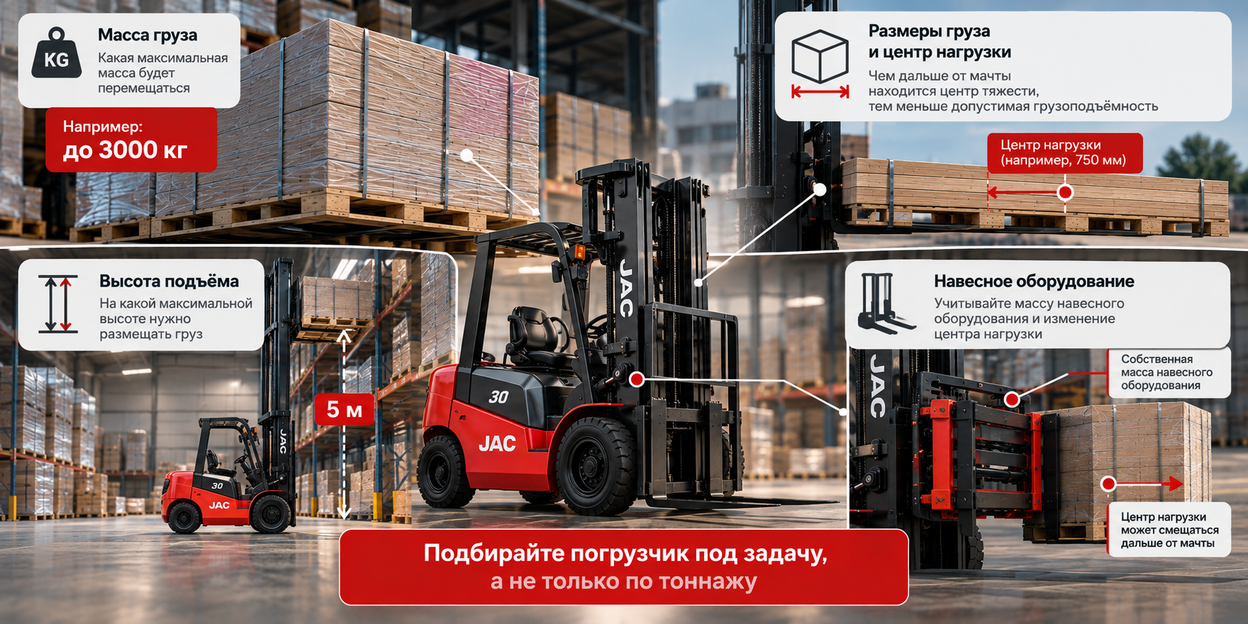 Подбор вилочного погрузчика JAC по массе и размерам груза, центру нагрузки, высоте подъёма и навесному оборудованию.